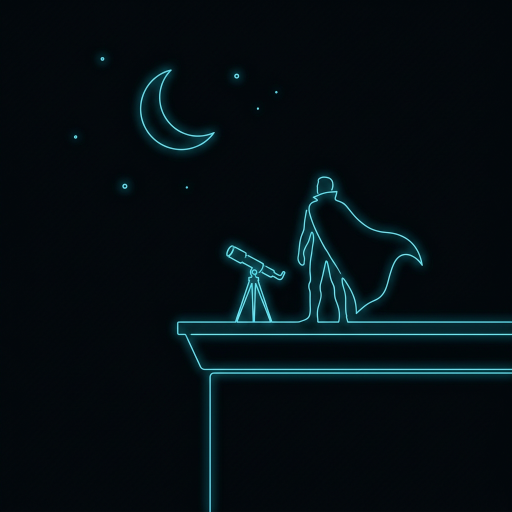 A sentinel on a rooftop, scanning the night skyline through a telescope